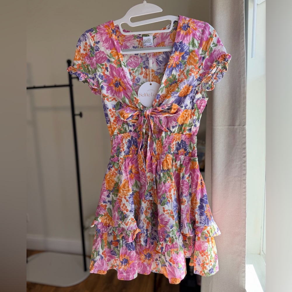 🩷 Selfie Leslie Floral Tie Front Mini Dress | XS | Cottagecore Boho Ruffle | NWT - Picture 8 of 8